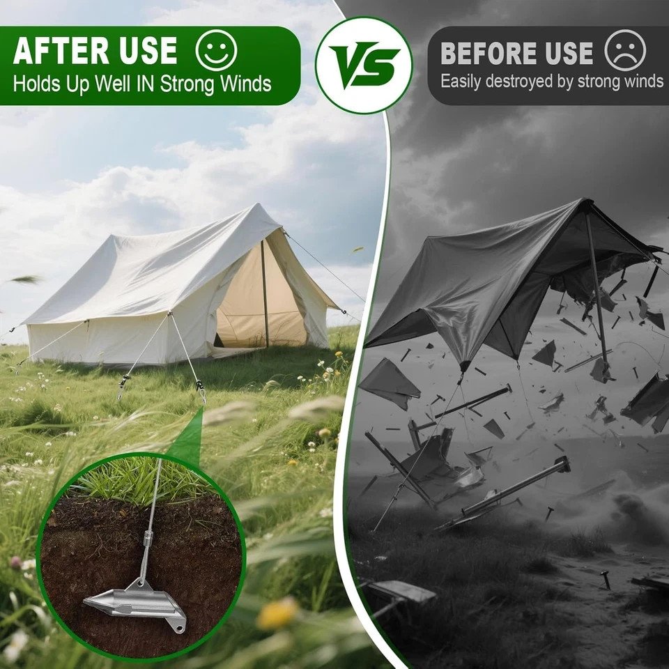 Duckbill-style drive-in earth anchor securing a tent in strong winds