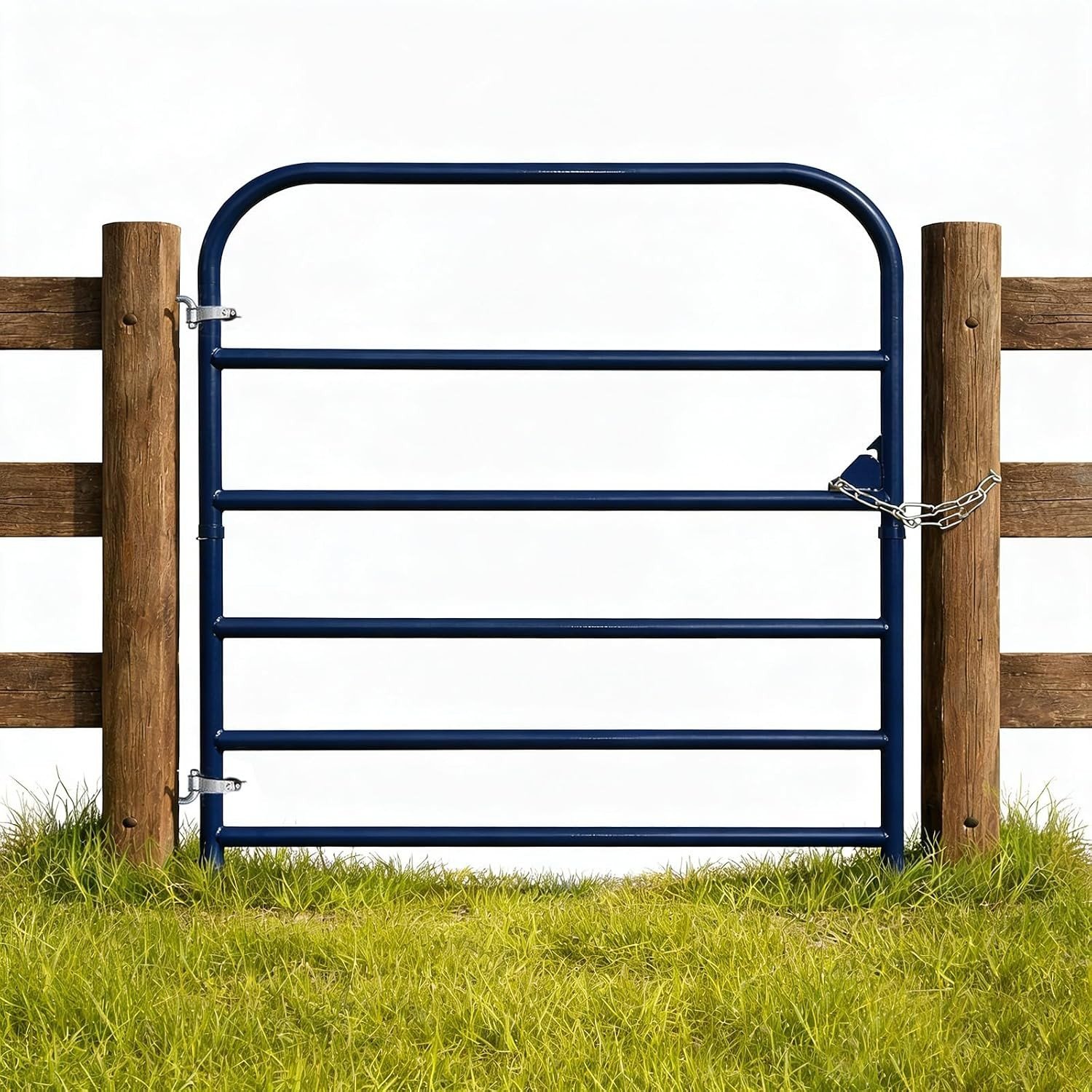 Blue 6-bar galvanized farm tube gate, 4 ft x 50 in, installed between wood posts