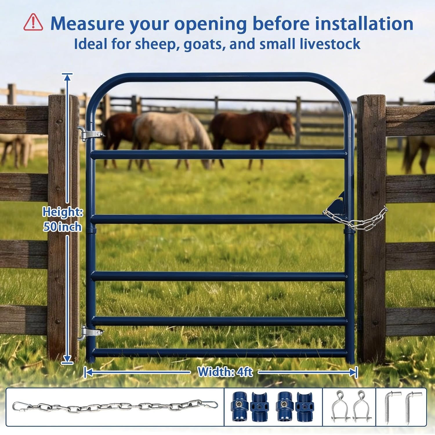Farm tube gate height 50 inch width 4 ft specification with chain latch and hinges