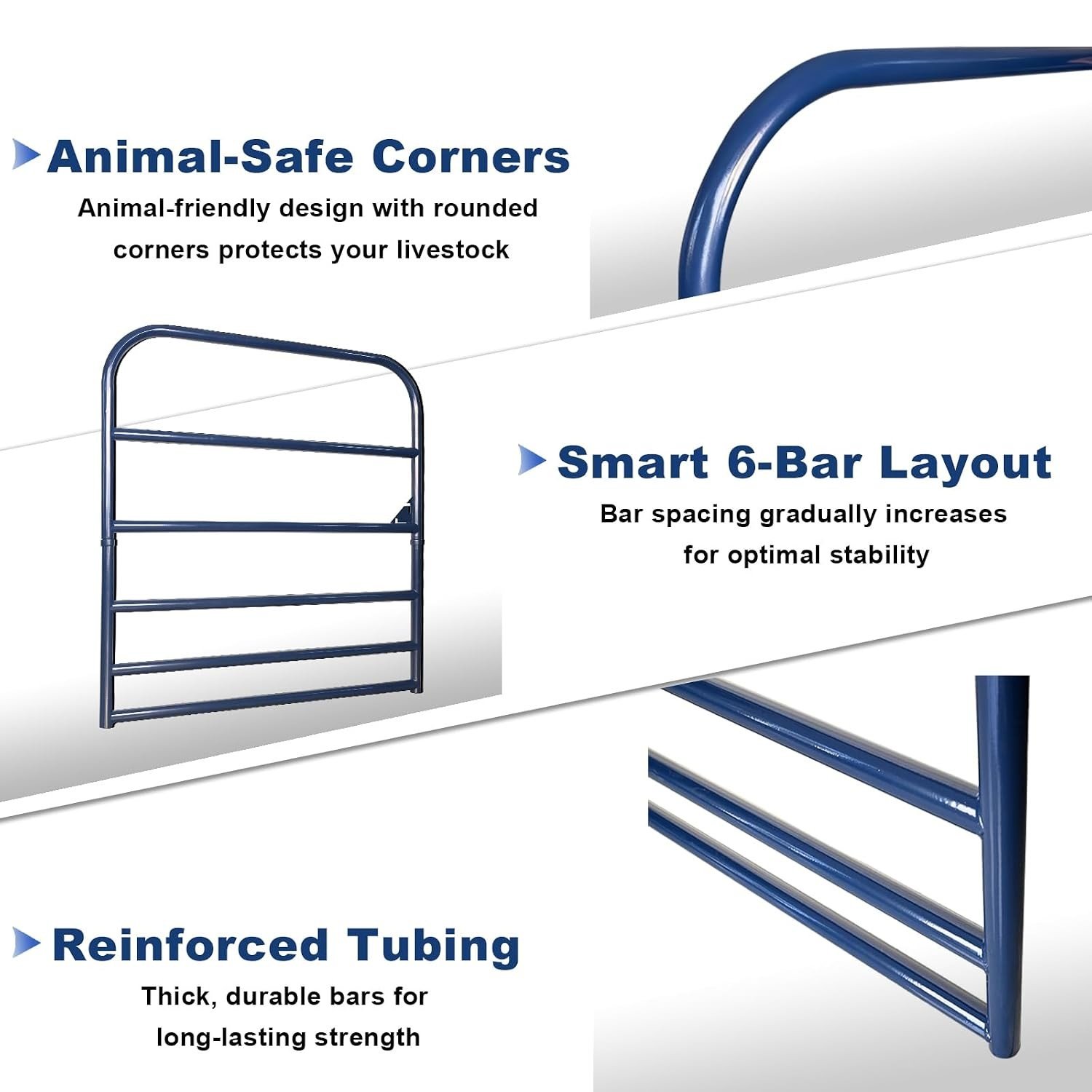 Farm tube gate features: animal-safe corners, 6-bar layout, reinforced tubing