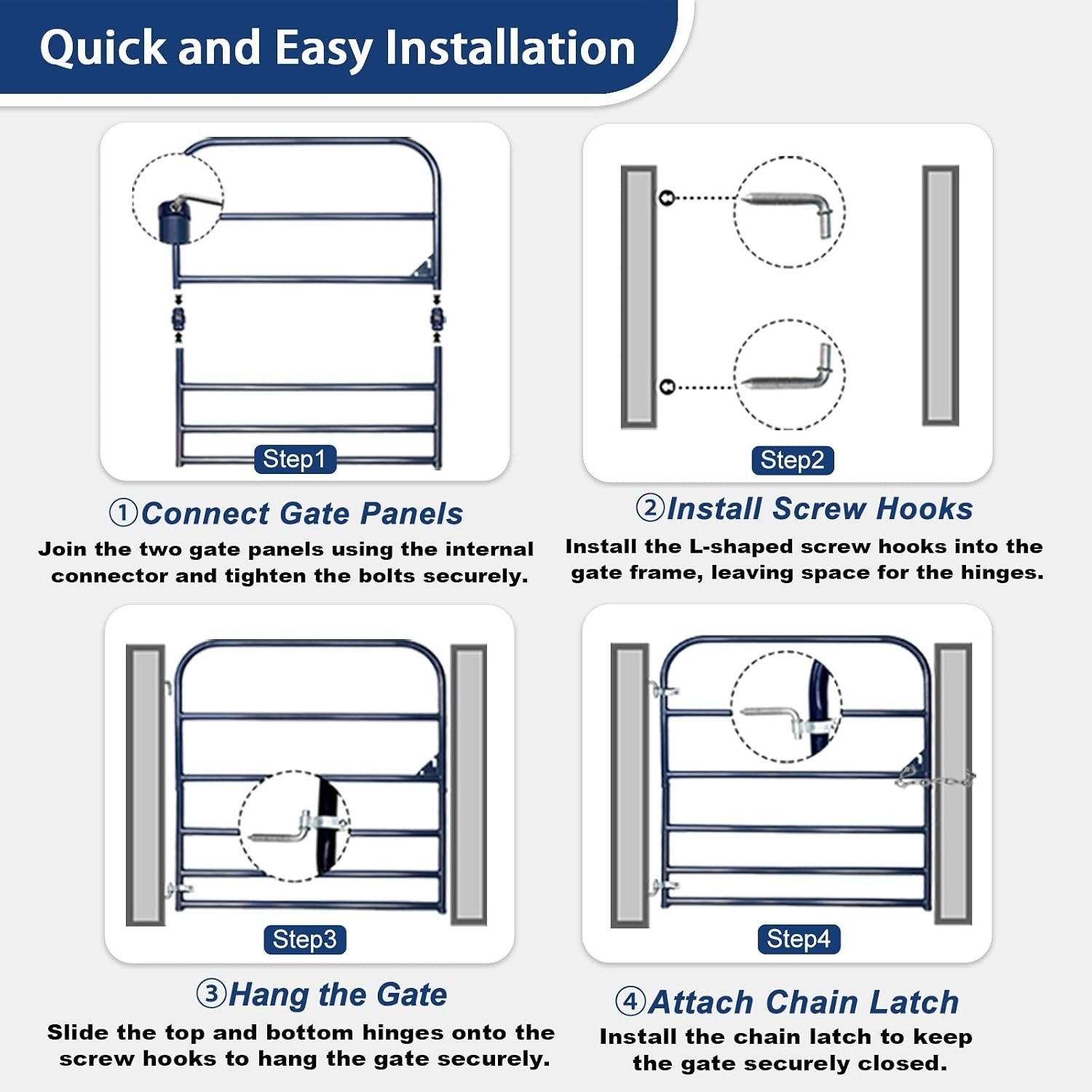 Farm tube gate installation steps: connect panels, install screw hooks, hang gate, attach chain latch