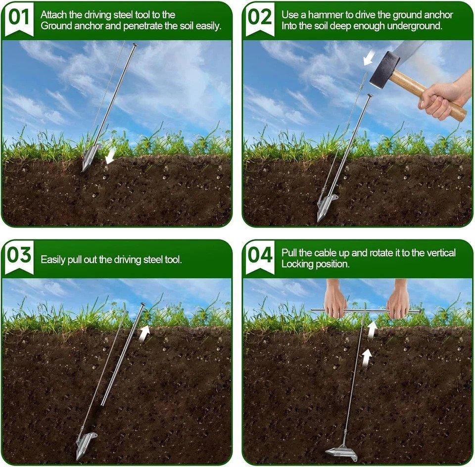 Duckbill-style drive-in earth anchor four-step installation