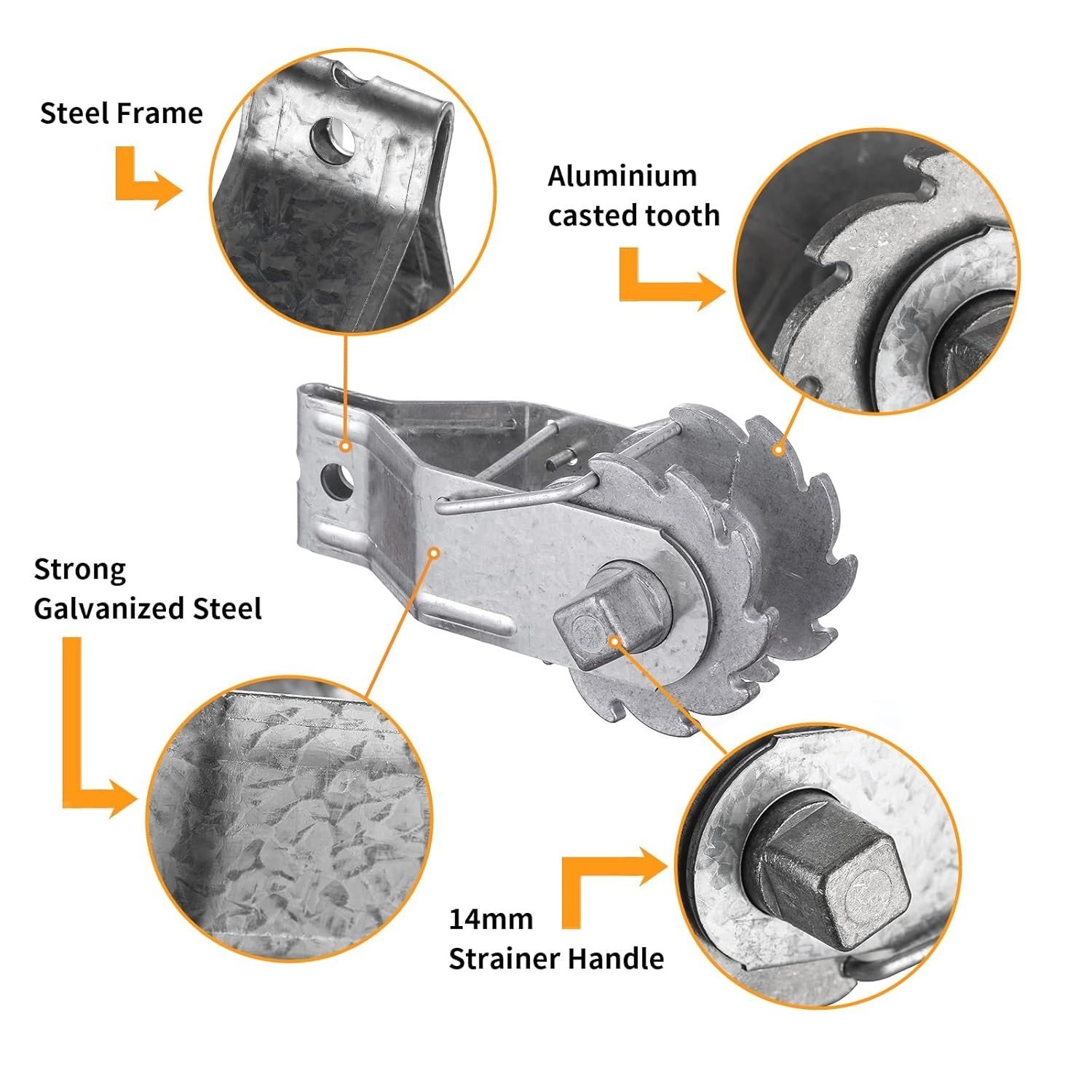 Wire strainer construction: steel frame, aluminium cast tooth, 14mm strainer handle