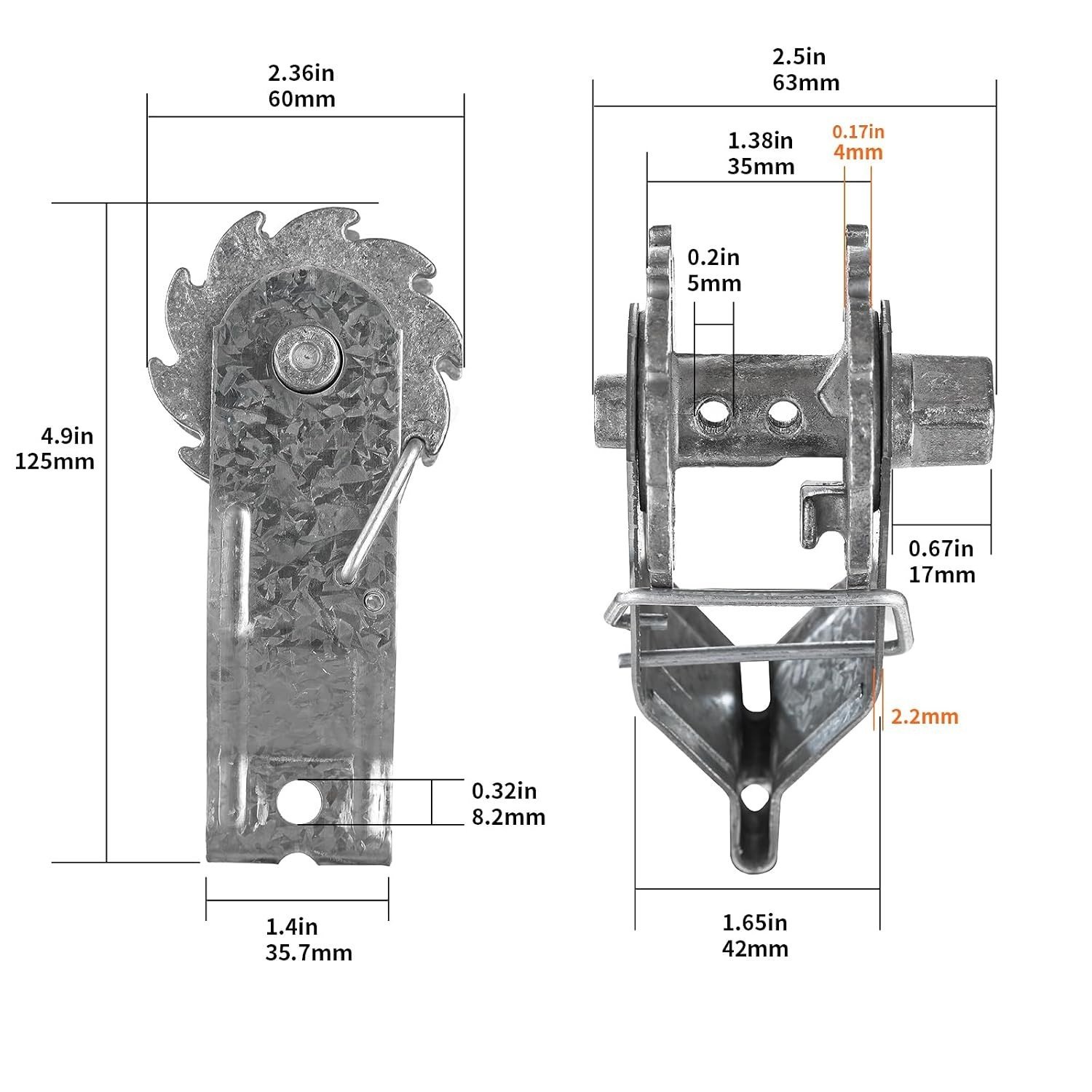 Wire strainer dimensions in mm and inch: 125mm long, 60mm wide, 42mm deep